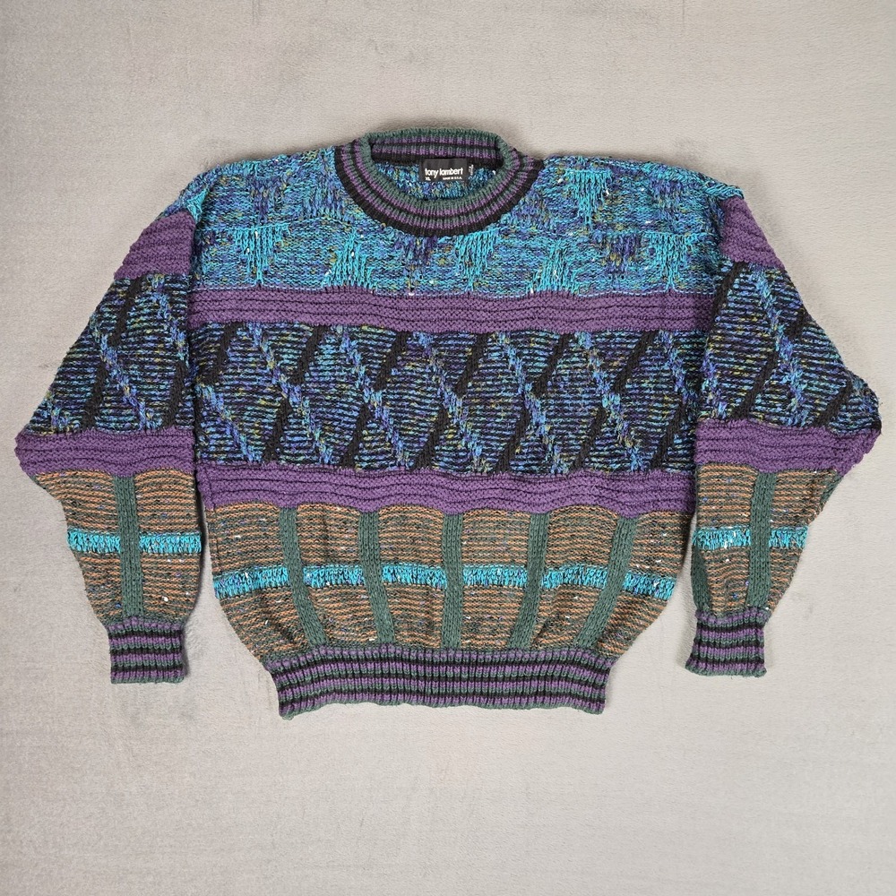 Vtg Tony Lambert Sweater‎ Mens XL Crewneck Knit Textured Multicolor 90s USA Made